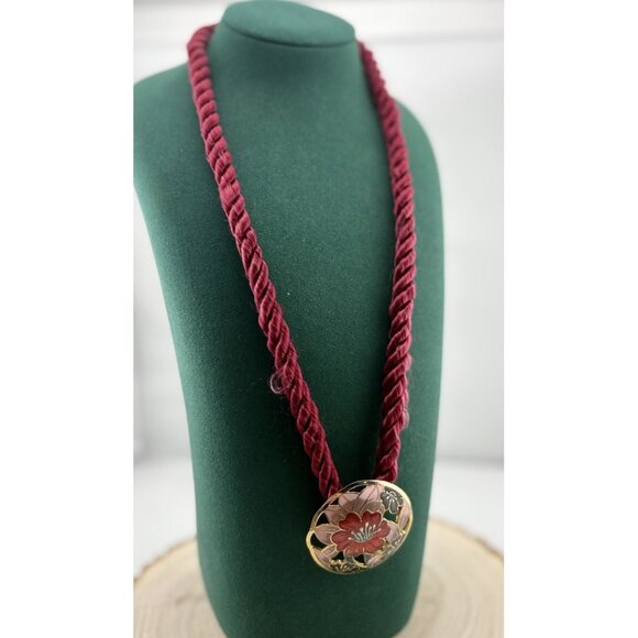 Vtg Cloisonné Floral Pendant Necklace Red Enamel Flower W/Gold Burgundy Cord - Picture 1 of 7